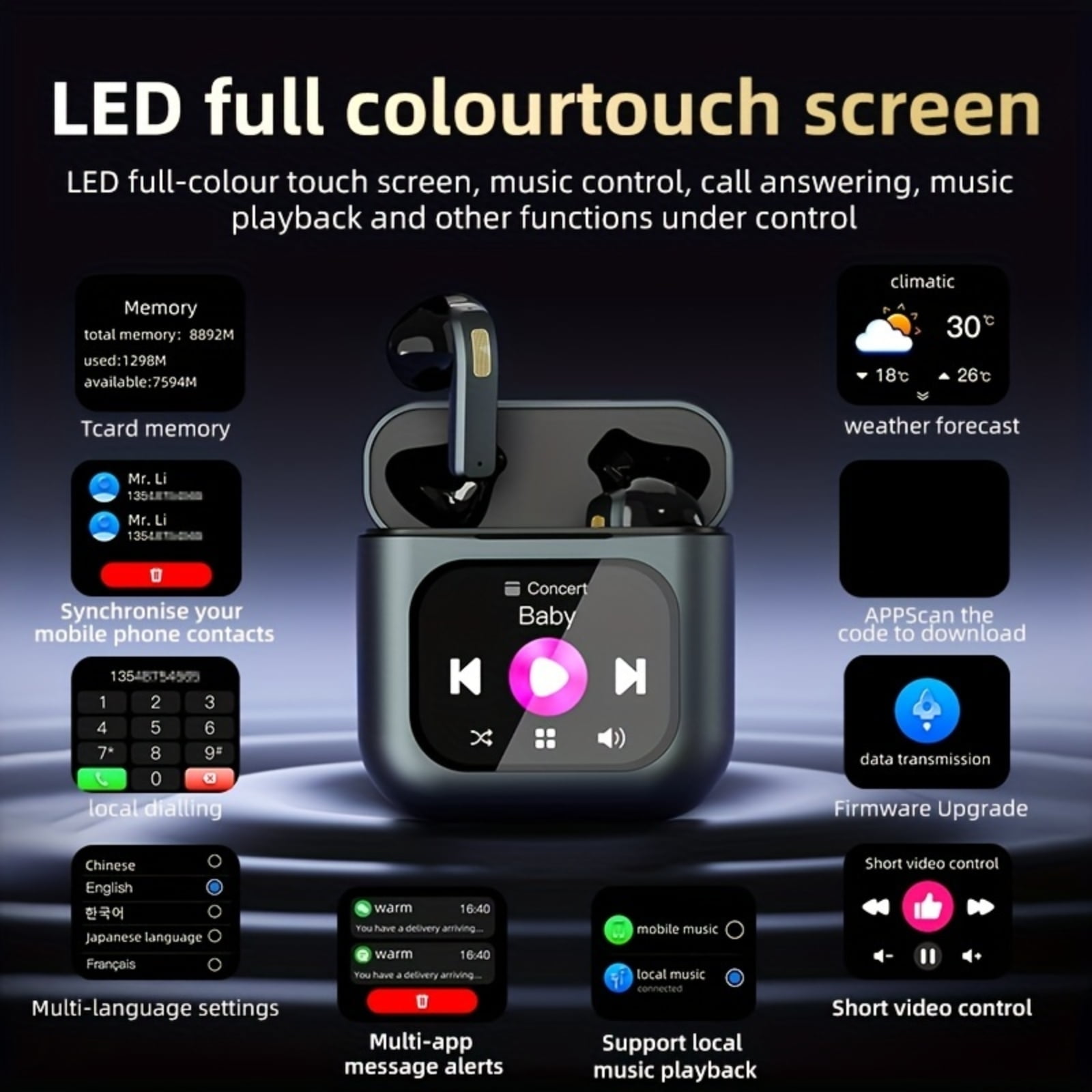 2.01" Touch Screen Wireless Bluetooth Earbuds with 8G Memory, 30H Playtime Deep Bass Bluetooth Headphones with 4 ENC Mic, Waterproof Wireless Earphones for Tablet Laptop Android/iOS Phones(Black)