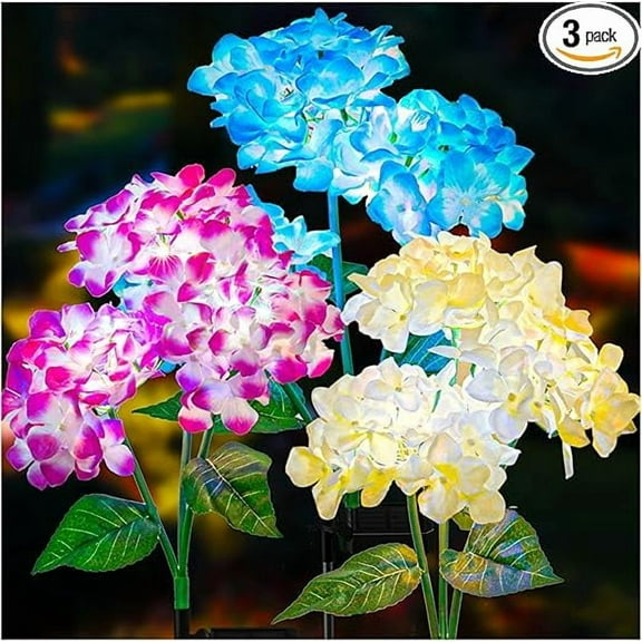 KOMI Solar Garden Lights - 3 Pack, Colorful Hydrangea Flower Lights for Outdoor Yard Decor