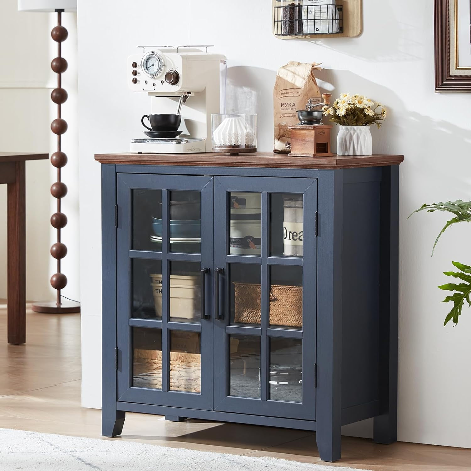 Large Sideboard Buffet Cabinet with Storage 32 Farmhouse Navy Blue Kitchen Coffee Wine Bar Cabinet with 2 Glass Doors Wood Mid Century Modern Side Board Table for Dining Room Living Room