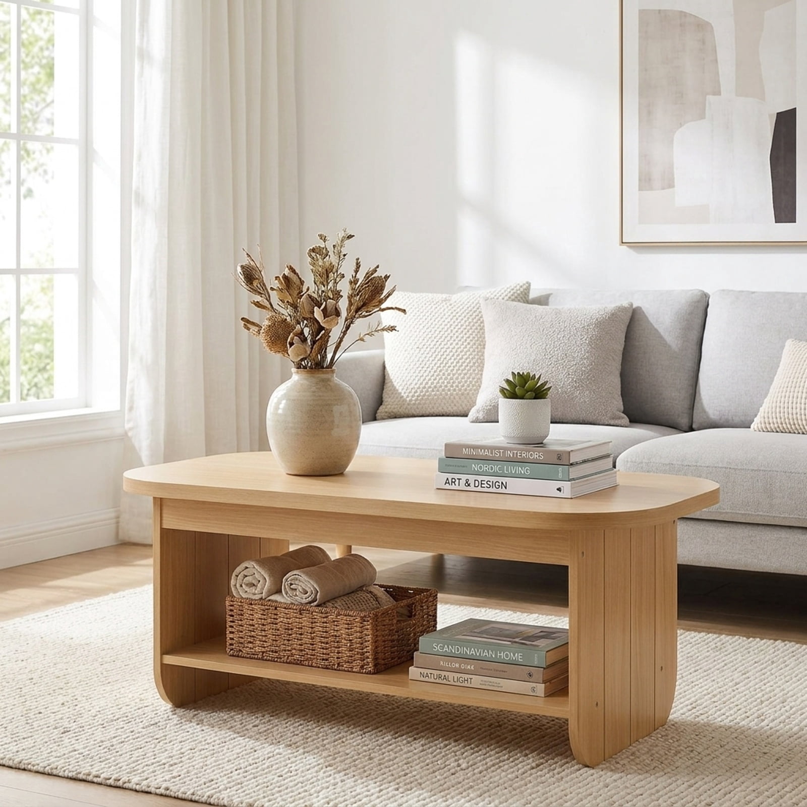 Furnibear 2 Tier Oval Coffee Table with Bottom Storage Shelf and Fluted Design a Mid Century Wood Center Table for the Living Room, Natural