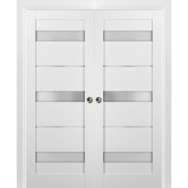 French Double Pocket Doors 48 x 80 with Frames | Quadro 4055 White Silk with Frosted Opaque Glass | Kit Trims Rail Hardware | Solid Wood Interior Pantry Kitchen Bedroom Sliding Closet Sturdy Door