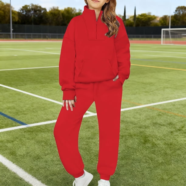 Conjunto de sudadera deportiva de manga larga con cuello vuelto para niños de 5 a 14 años, de color liso, para niñas y niños, conjunto de dos piezas con cuello alto y manga larga, tops y pantalones pa