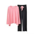 thumbnail image 2 of Njoeus Pajama Sets for Women 2 Piece Pants Pajama Pants Women Women's Pajamas Round Neck Pullover Long Sleeve Long Pants Wide Leg Pants Color Block Home Clothes Set Matching Pj Set Women Clearance Pin, 2 of 3
