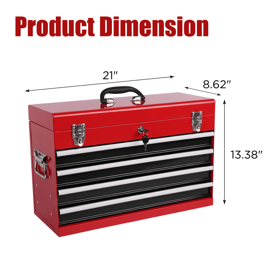 Red Black Metal Tool Box - 23.62 in Length Portable Tool Chest with 4 Drawers and Ball Bearing Slides for Workshop Organizati