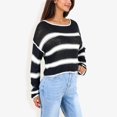 thumbnail image 5 of Women's Long Sleeve Striped Sweater With Crew Neck, Cropped Fit- Small, Black, 5 of 6