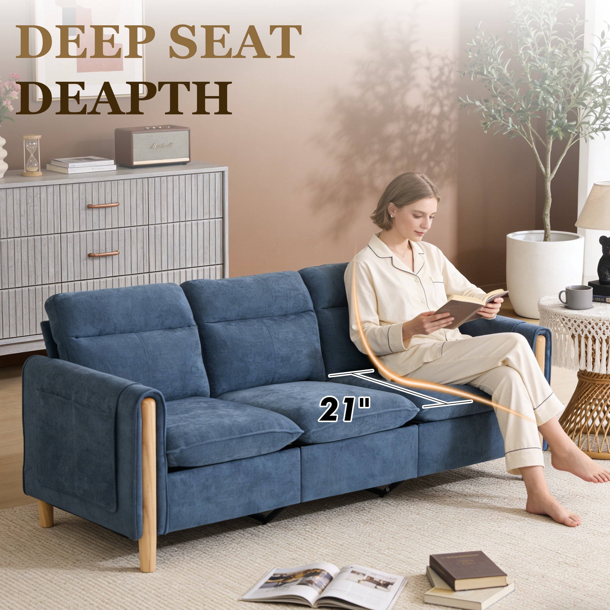 MOONMISS 3-Seater Chenille Sectional Sofa with Side Pocket for Living Room,Blue