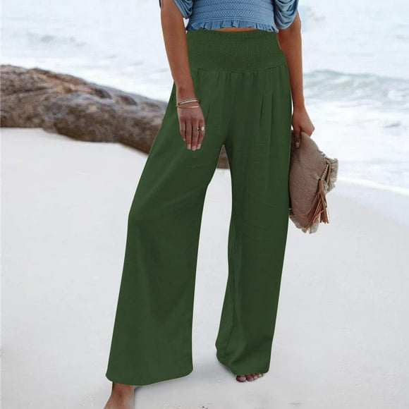 zanvin Linen Pants for Women Summer Wide Leg High Waisted Pant Casual Baggy Cargo Lounge Trousers with Pockets Clearance,Green