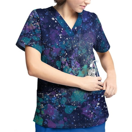 

Plus Size Printed Scrub Working Uniform Tops For Women V-Neck Short Sleeve T-Shirts Workwear Tee With Pockets