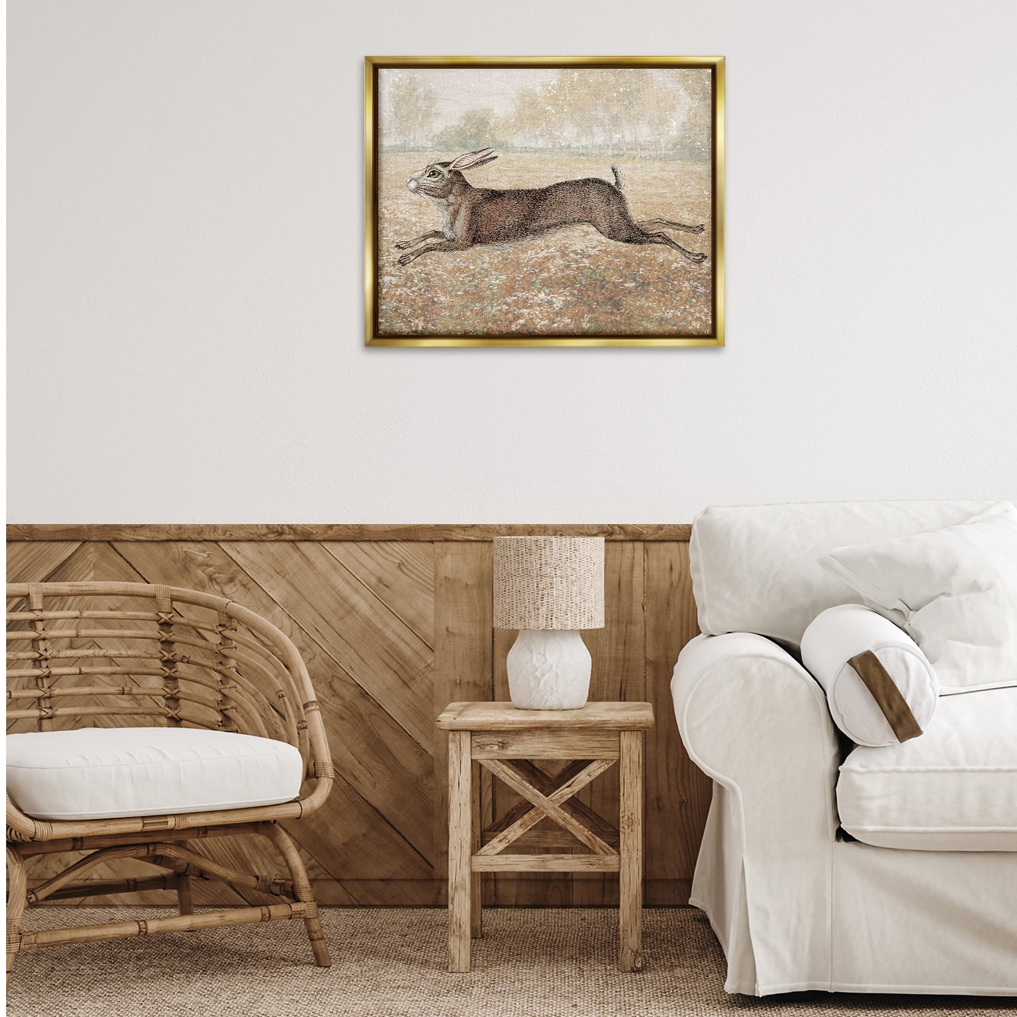Stupell Industries Traditional Jumping Hare Landscape & Nature Painting Gold Floater Framed Canvas Art Print Wall Art, 31 x 25