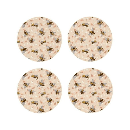 

Leather Coasters Set of 4 - cute bee print Lightweight Non-Slip Drink Coasters for Desk Anti-Scalding Desk Cup Coasters for Office Table Decor Round Shape