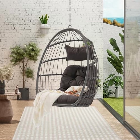 Swing Egg Chair Without Stand, Indoor Outdoor Wicker Rattan Patio Hammock Chair with Cushions and Pillow Foldable Hanging Chair Lounging Chair for Backyard Garden Balcony, Dark Gray