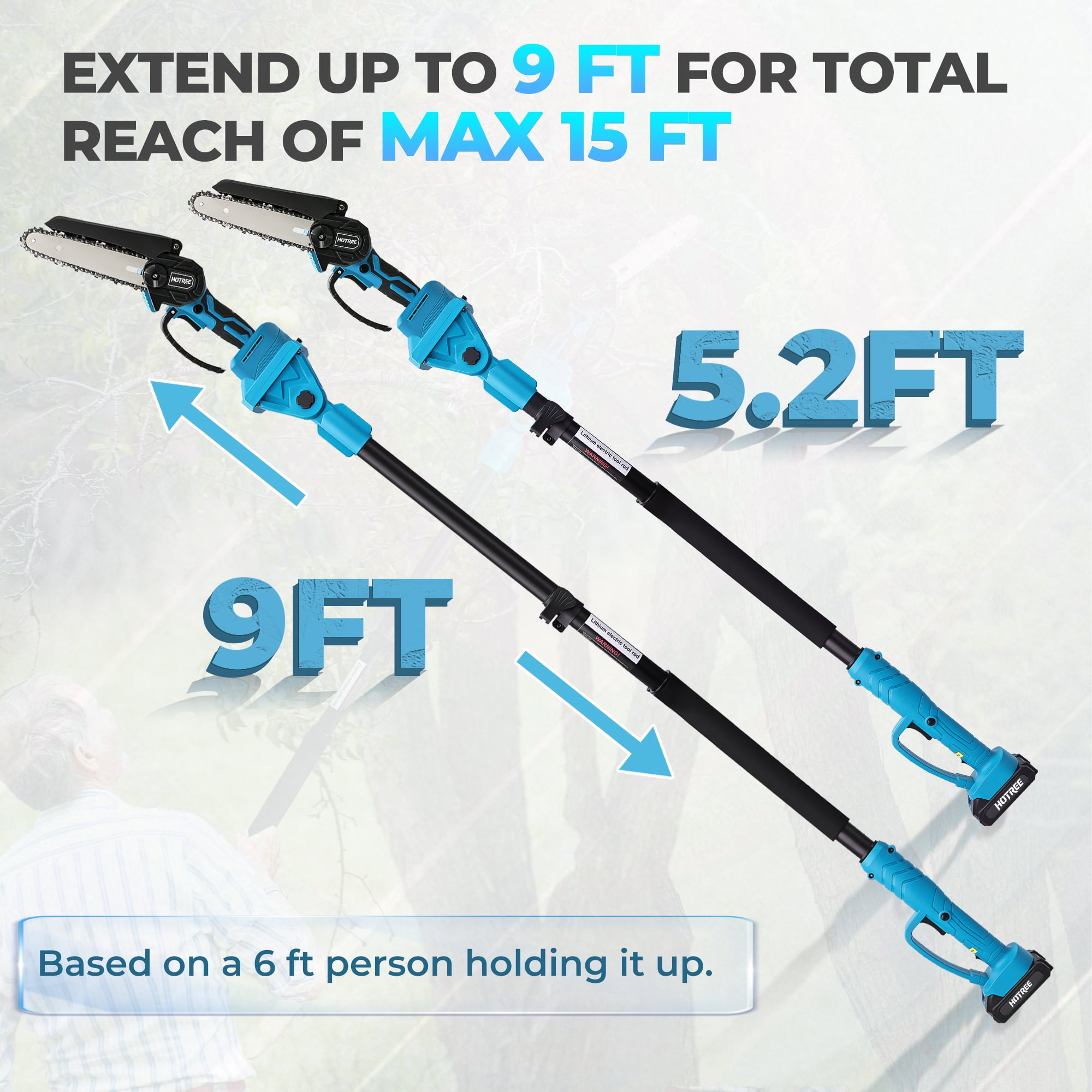 HOTREE 2 in 1 Cordless Pole Saw, 6-inch Pole Chainsaw Mini Handheld Chainsaw, 15 ft Extension Pole Saw for Effortless Tree Trimming