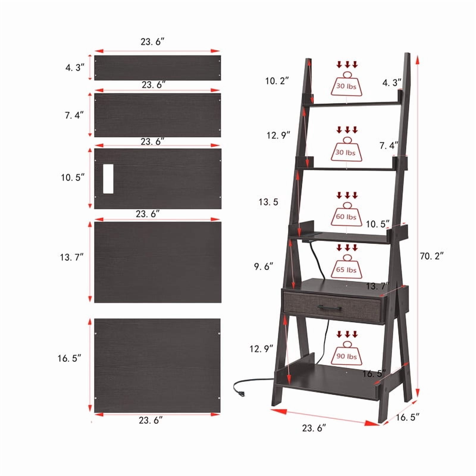 Utopia Alley Ladder Shelf, 5 Tier Ladder Bookshelf with Power Outlet, USB Port, Fast Charging and Drawer, Wood Ladder Shelves, Espresso