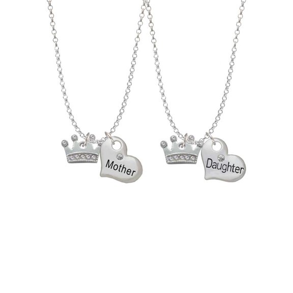 Delight Jewelry Silvertone Crown with Clear Crystals Mother & Daughter Heart Necklaces (Set of 2), 19" 2"