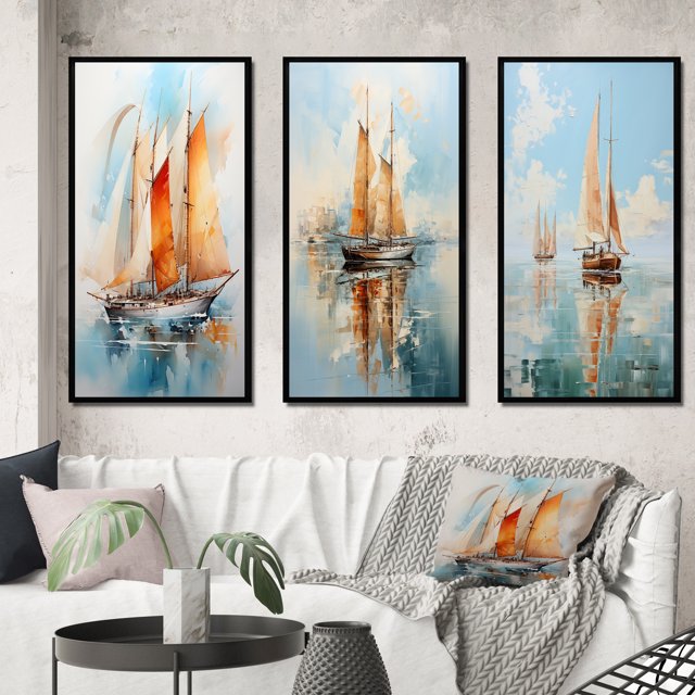 Designart "Watercolor Sails Sailboat" Nautical & Beach Framed Wall Art Set Of 3 - Multi-Color Boat Sailing Frame Gallery Set For Office Decor
