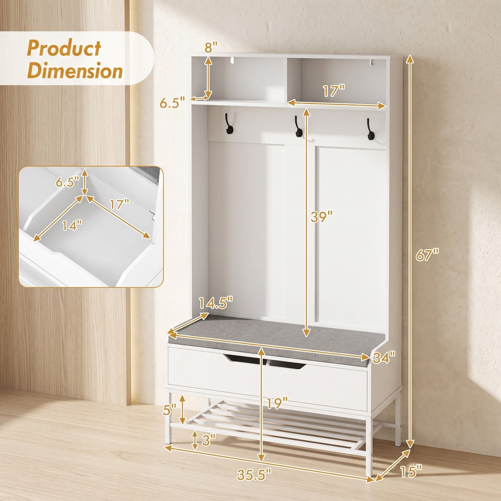 Furnibear 69 Inch Tall Hall Tree 4 in 1 Coat Rack with Cushioned Storage Bench 3 Hooks and Shoe Rack for Entryway, White