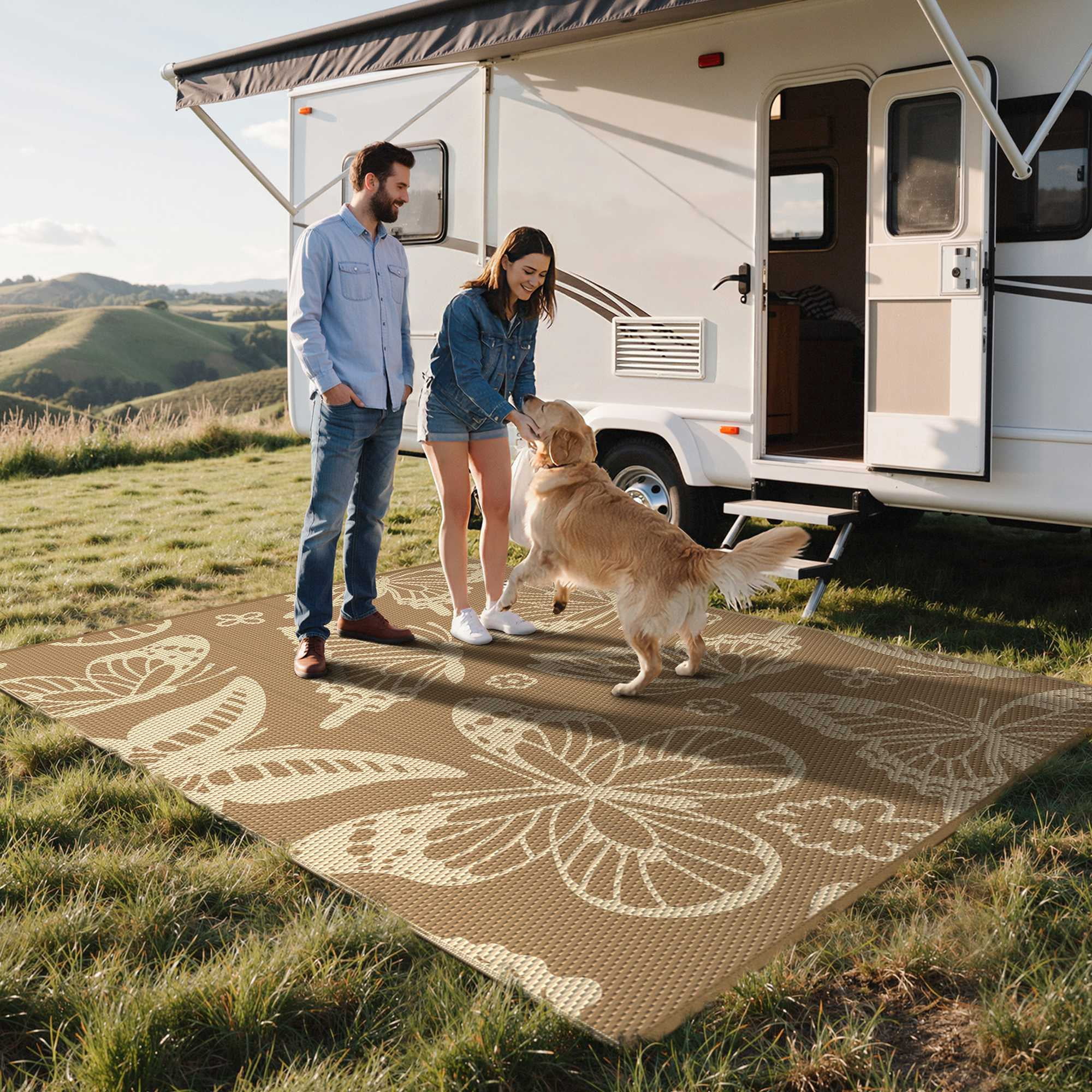 DEORAB 5'x8' Outdoor Rugs Waterproof Patio Reversible Plastic Straw Carpet Camping Outside Mat For Garden Balcony Camping Porch, Brown & Beige