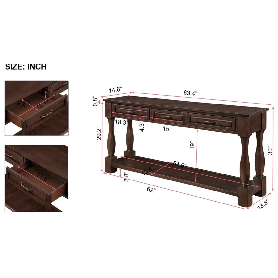 63inch Wood Console Table,Console Table with 3 Drawers and 1 Bottom Shelf for Entryway Hallway Extra-Thick Sofa Table,Espresso
