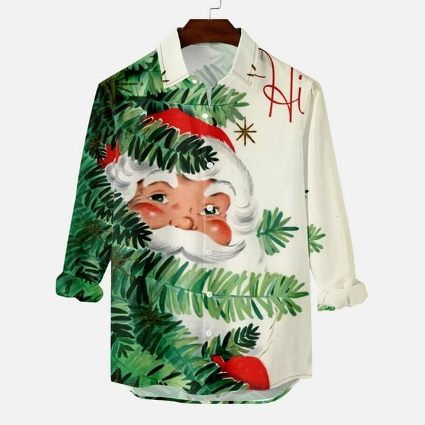 Long Sleeve T Shirts For Men Men Casual Buttons Beach Santa Claus Print  Turndown Cardigan Long Sleeve Shirt Je M 