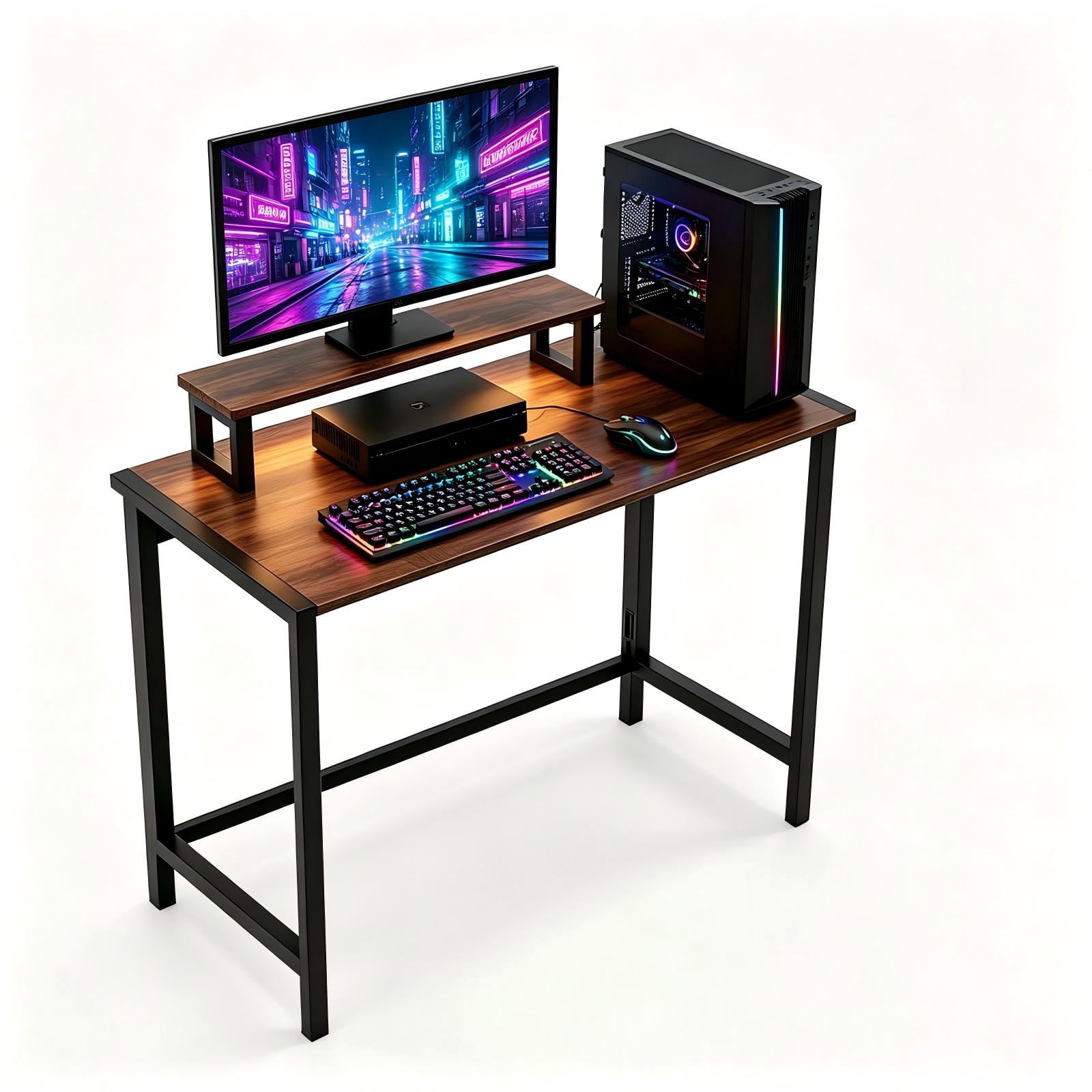 Astoutdoor Foldable Computer Desk with Shelf and Light, 31.5 in, Brown and Black