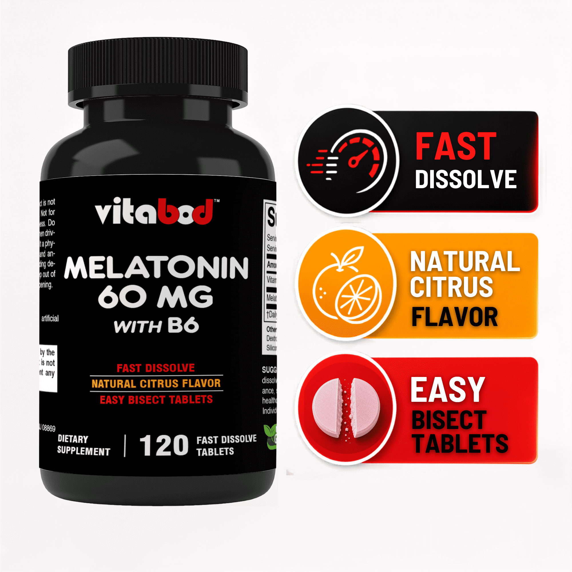 Vitabod Melatonin 60mg with B6 - 120 Fast Dissolve Tablets - Drug Free - Natural Citrus Flavor - Vegetarian, Non-GMO, Gluten Free