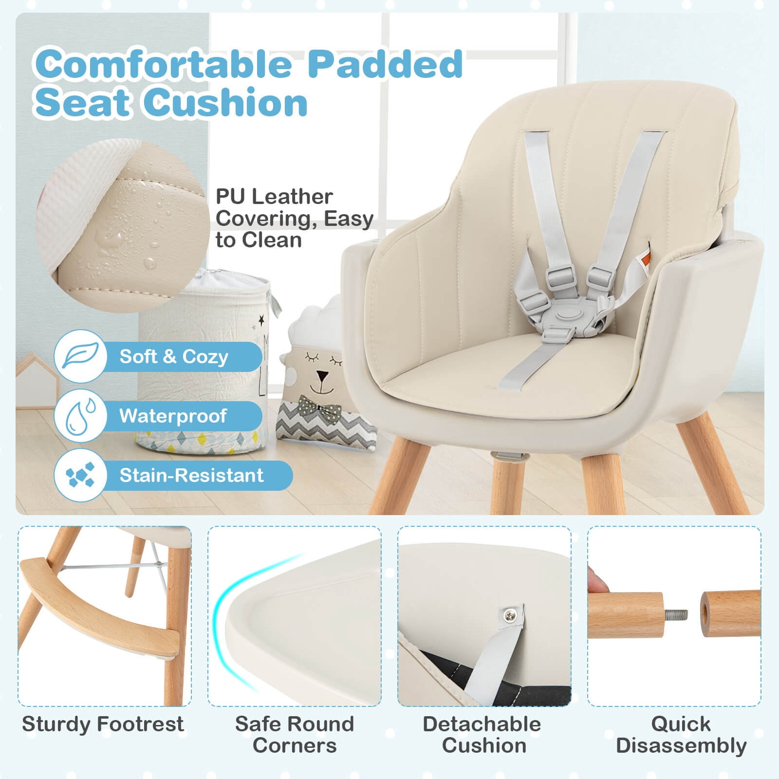 Infans 3 in 1 Convertible Wooden High Chair Baby Toddler w/ Cushion Beige