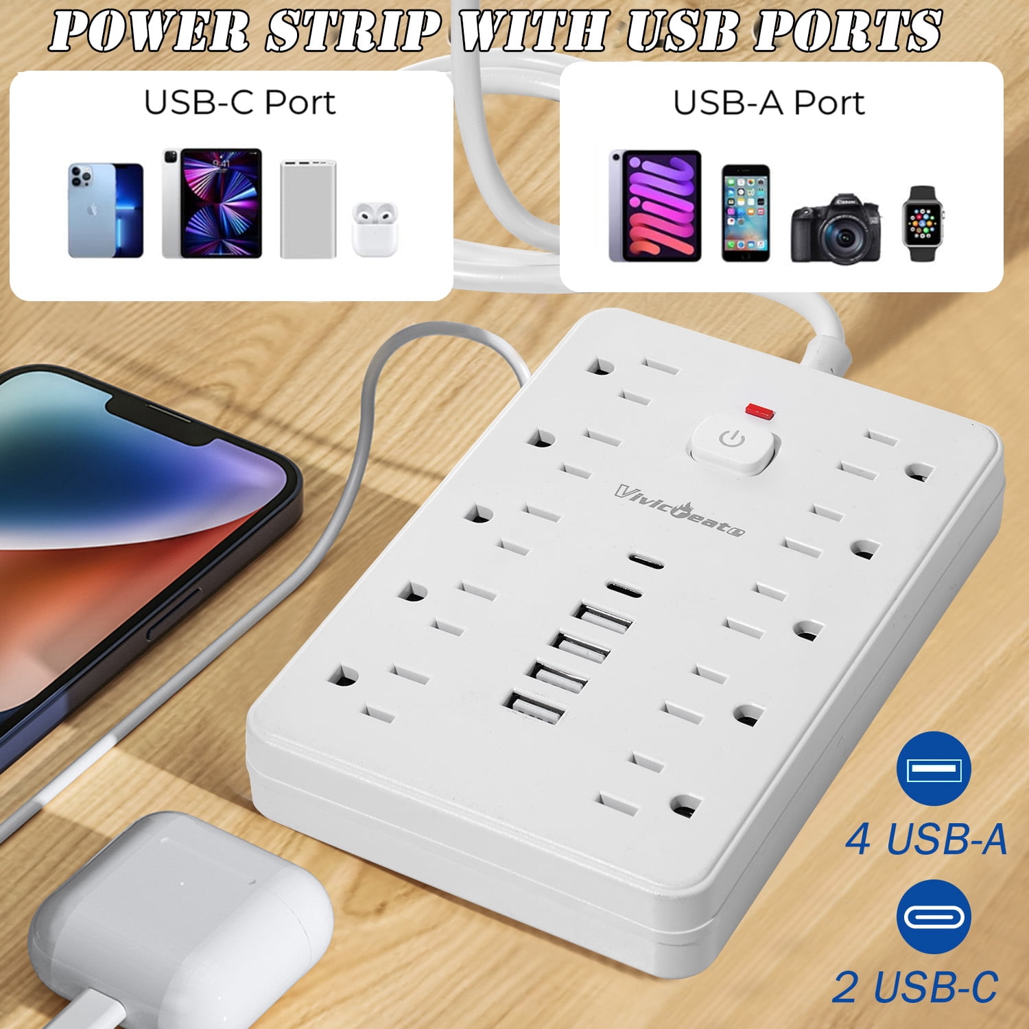Vivicreate 15-in-1 Power Strip with 10 AC Outlets, 4 USB-A & 2 USB-C Ports, Ultra Flat Plug Surge Protector, 0.9m Extension Cord, Wall Mount Charging Station for Home, Office & Travel