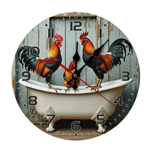 Rooster Chicken Bathtub Wall Clock 10 Inch Silent Non Ticking Round Clock Decoration for Living Room Kitchen Bedroom Bathroom Office Classroom