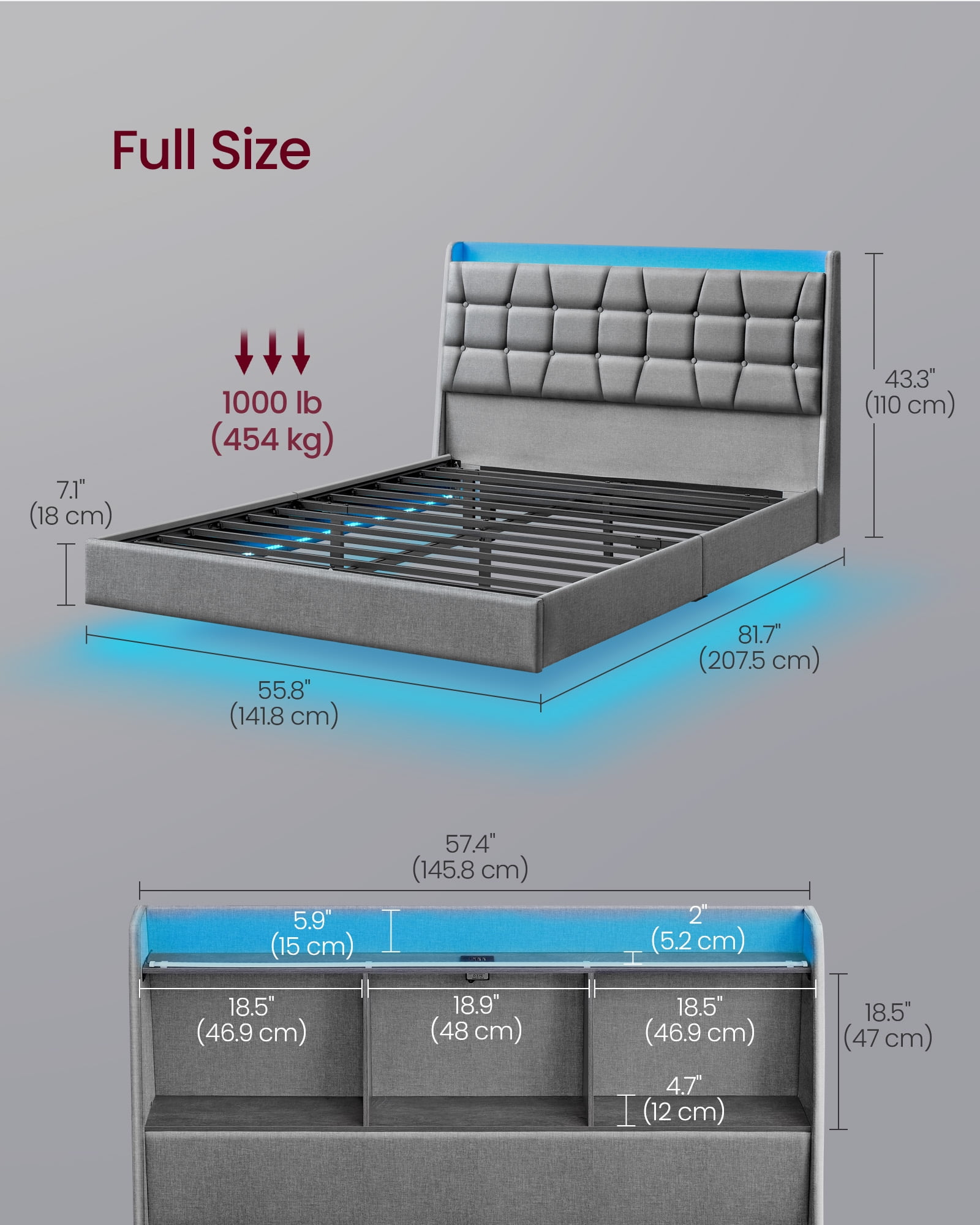 Full Size Floating Bed Frame with LED Lights for Bedroom, Full Bed Frame with Charging Station, Tufted Storage Headboard, Upholstered Platform Bed Frame, No Box Spring Needed