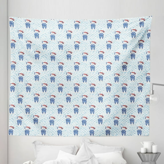 Pirates Tapestry, Pirate Cat in a Blue Sailor Suit on a Backdrop with Fishes and Dots Maritime, Fabric Wall Hanging Decor for Bedroom Living Room Dorm, 5 Sizes, Blue White Red, by Ambesonne