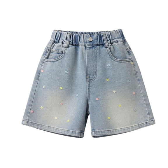ZLBDYG Girls Cute Jean Shorts Kids Baggy Star Embroidery Elastic Waist Jorts Teen Girl Summer Casual Stretchy Wide Leg Denim Shorts