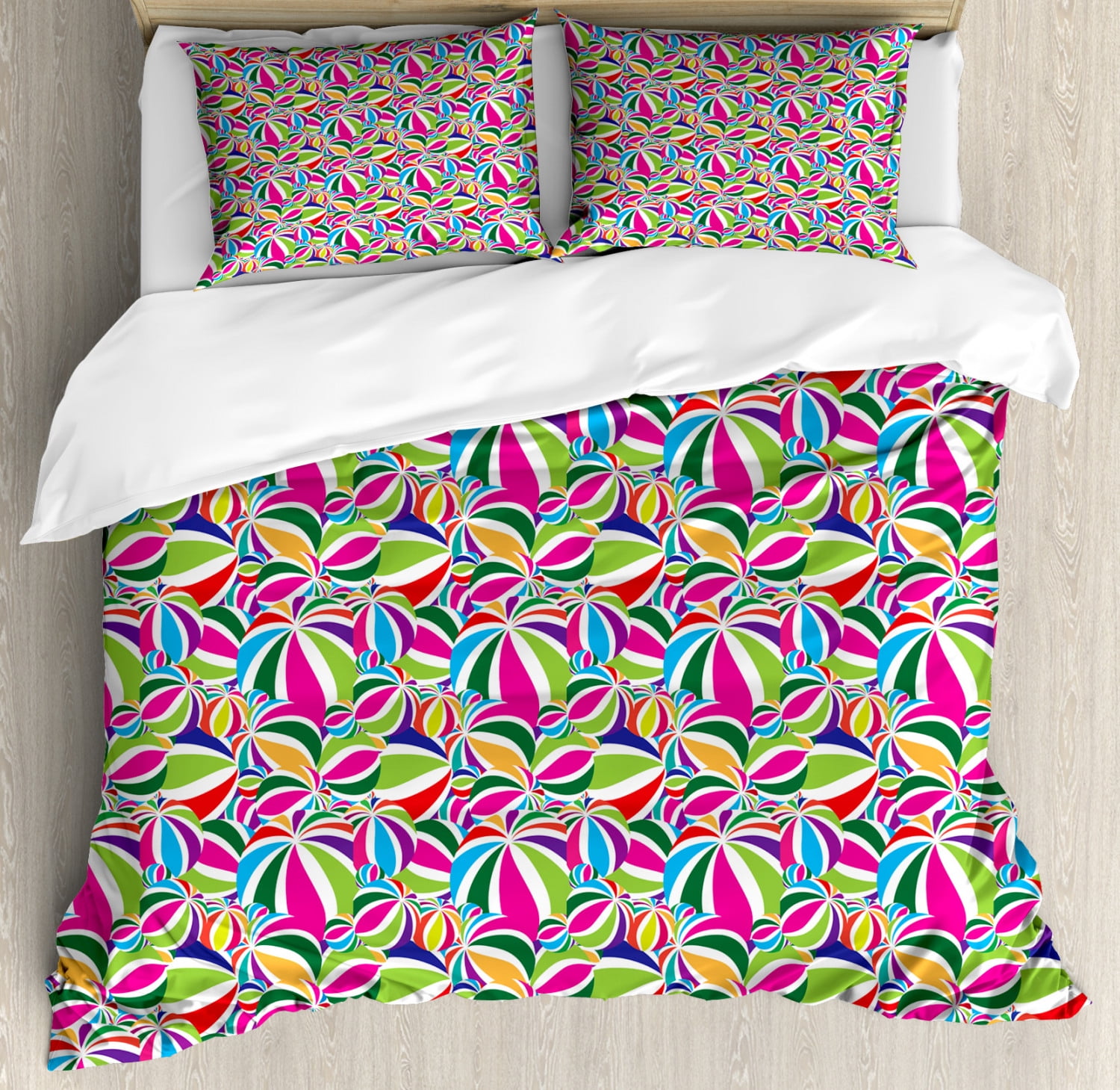 Geometric Queen Size Duvet Cover Set, Summer Season Beach Balls with