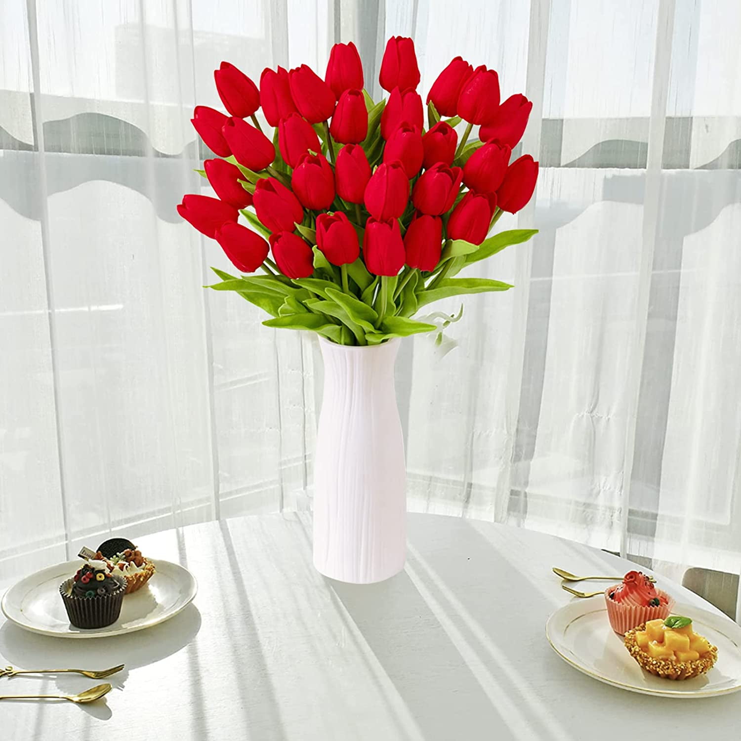 30Pcs Artificial Red Tulip Flowers Faux Tulip Stems PU Real Touch Tulips 13.7" for Spring Easter Vase Wedding Bouquets Floral Arrangements Wreath Table Centerpiece Indoor Outdoor Decoration