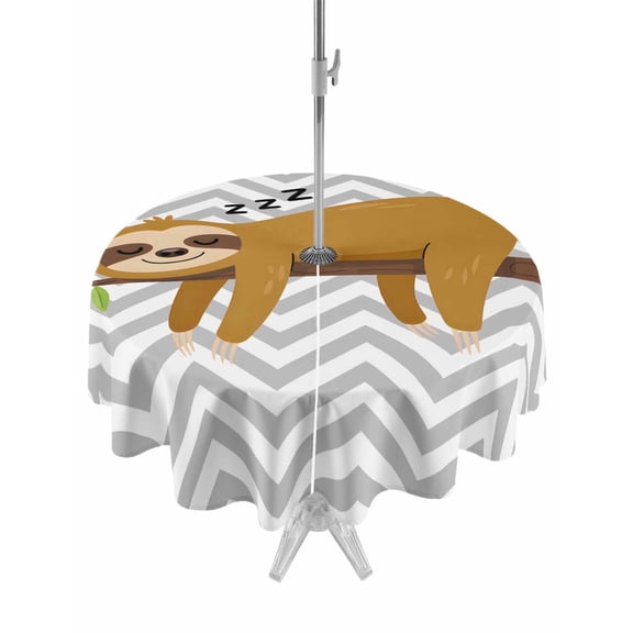 Outdoor Tablecloth with Umbrella Hole and Zipper, Funny Sloth Round Table Cloth 60 Inch Waterproof Tablecloth, Cute Watercolor Animals on Branch Grey Stripe Picnic Table Cover for Patio Camping