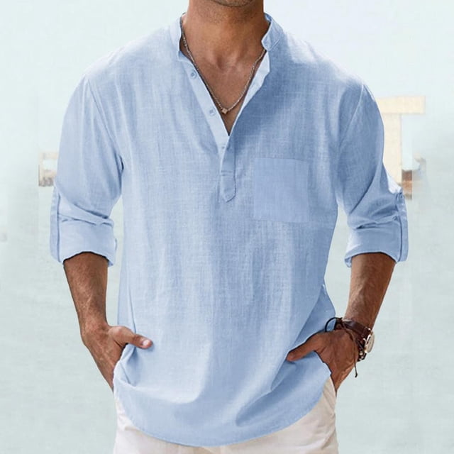 Men Shirts Spring Summer Loose Fit Solid Color Pocket Long Sleeve Pullover Shirt for Everyday Comfort and Easy Styling