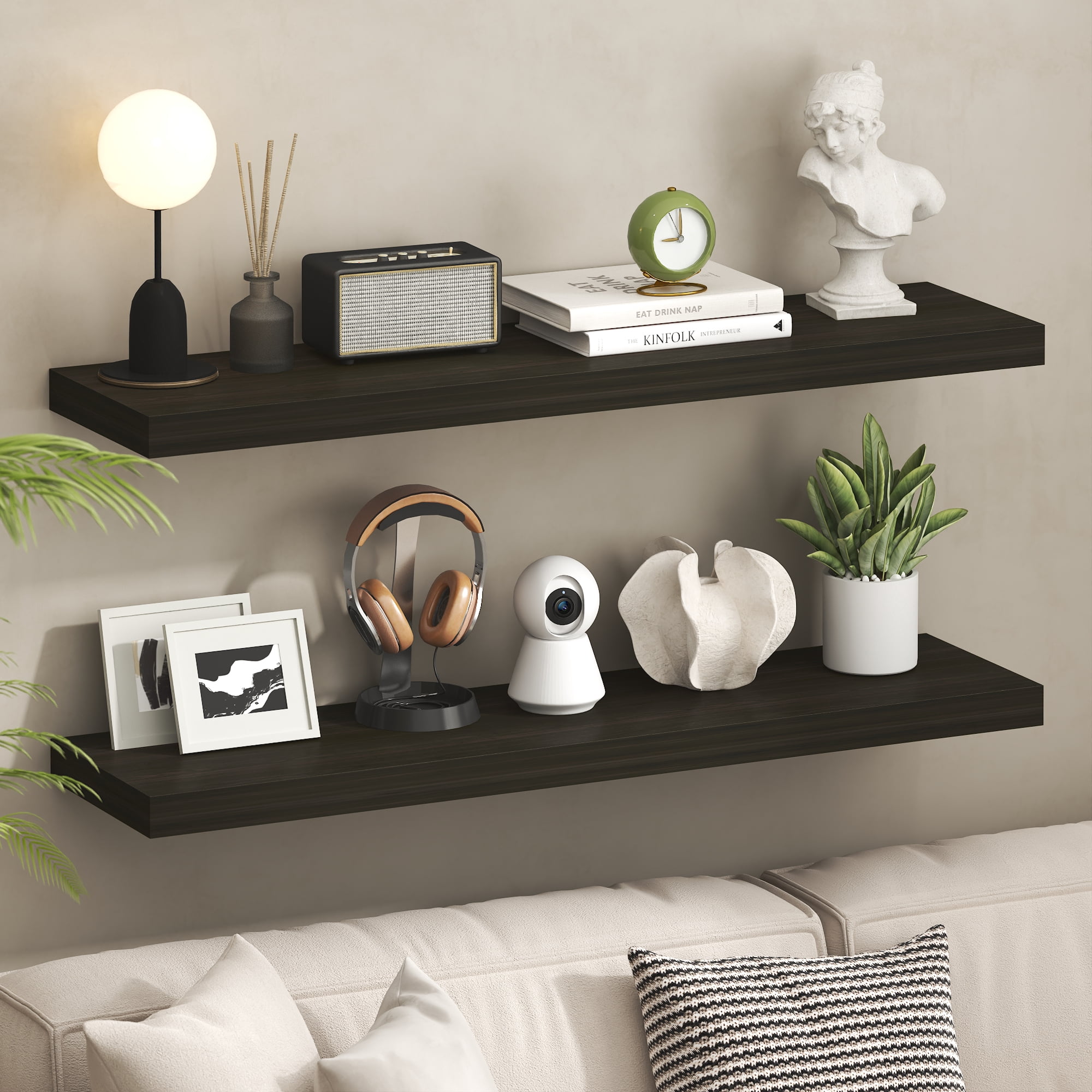 Furinno TANNA Set of 2 12x47 2" Thick Wall Shelf Invisible Bracket Tobacco Oak