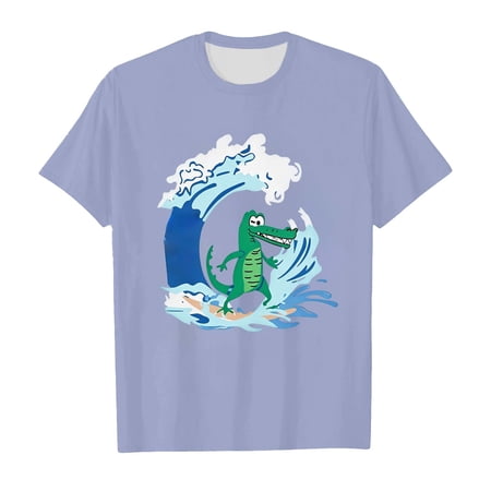 Likimi Kids Girls Boys T-Shirts Cartoon Dinosaur Print Crew Neck Short Sleeved Summer Lightweight Breathable Soft Tops Light Purple Size 6-7 Years