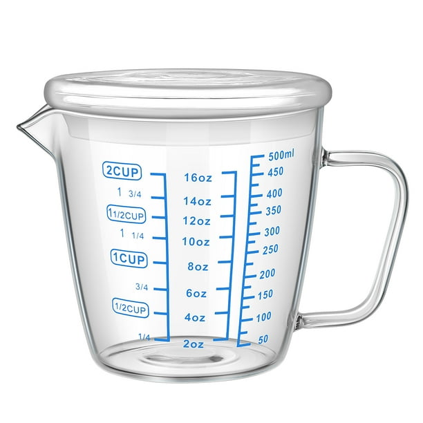 UPKOCH Vaso medidor de vidrio resistente al calor Vaso medidor de leche para niños Vaso medidor para microondas Vaso con escala transparente (500 ml, con tapa)