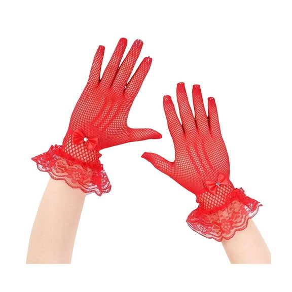 NUZYZ 1 Pair Women Prom Gloves See-through Lace Bow Faux Pearl Decor Hollow Out Fishnet Ruffle Edge Thin Full Finger Performances Bride Wedding Gloves,Red