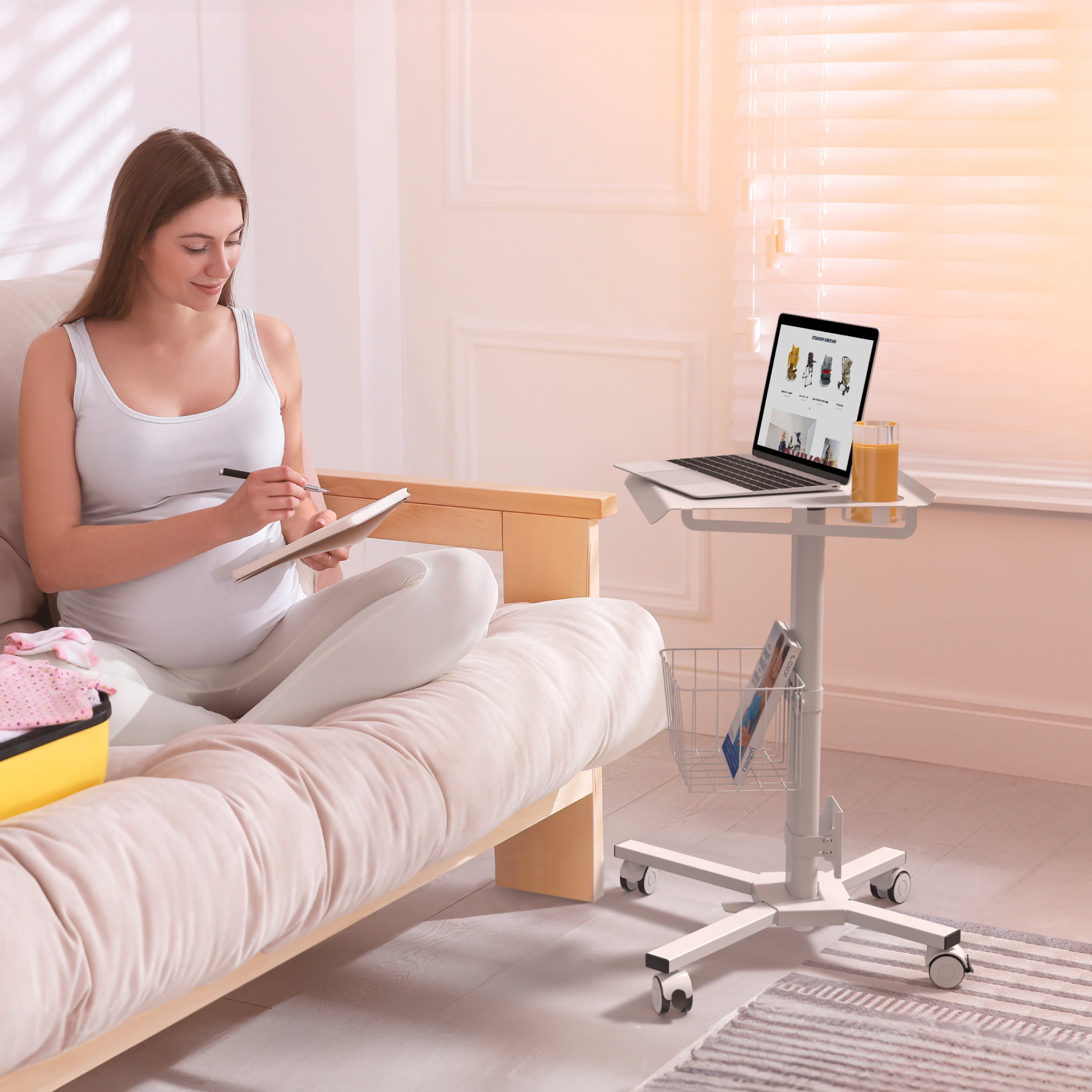 ONKRON Rolling Laptop Stand - Computer Cart with Wheels - Standing Desk On Wheels - Foot Pedal Pneumatic Desk - Rolling Desk Adjustable Height - Utility Medical Cart - Desk Load up to 17.6 Lbs, White
