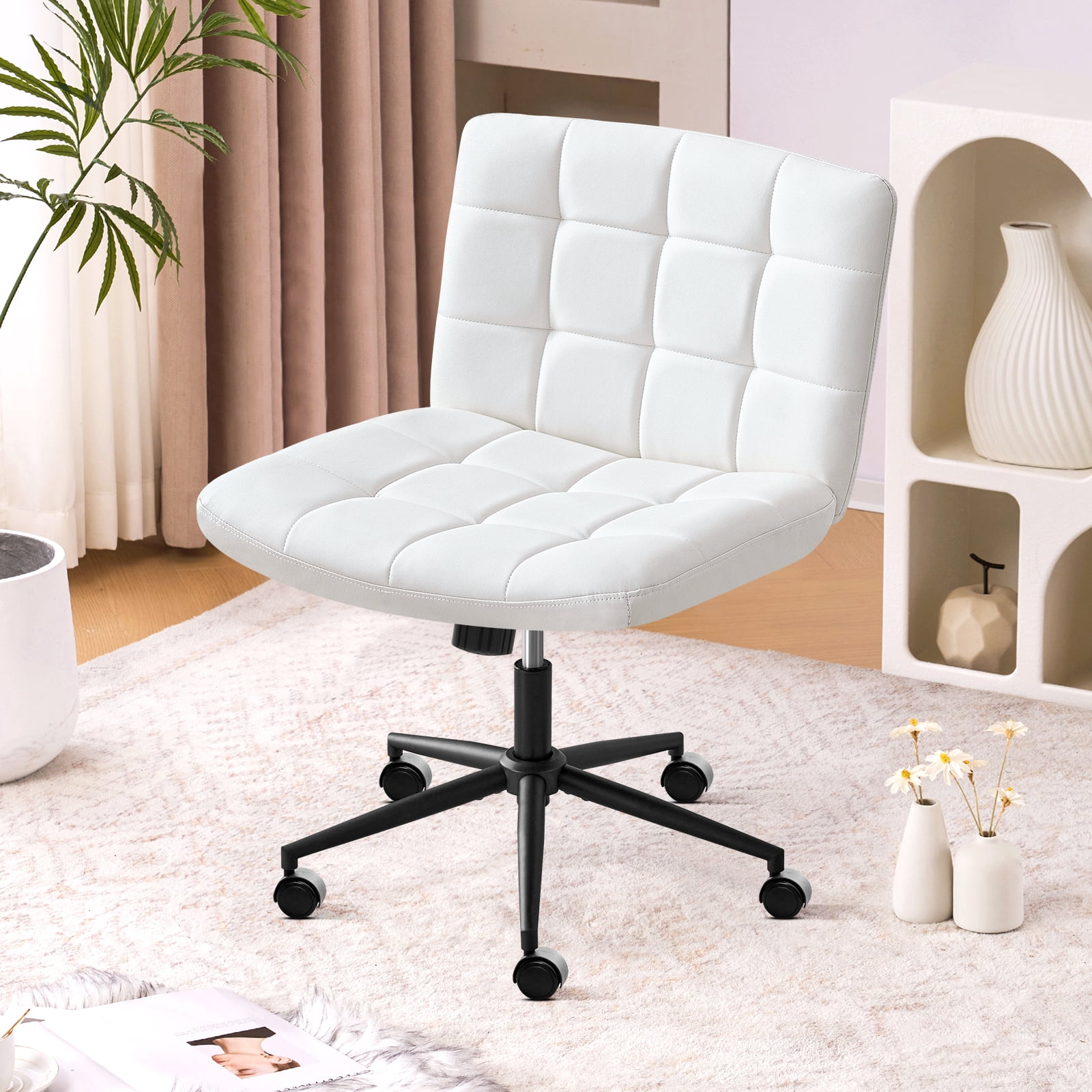 Furniliving Home Office Desk Chairs with Wheels Wide Desk Chair Mid Back Vanity Chair Modern Computer Desk Chair Swivel Accent Chair, PU-Ivorywhite