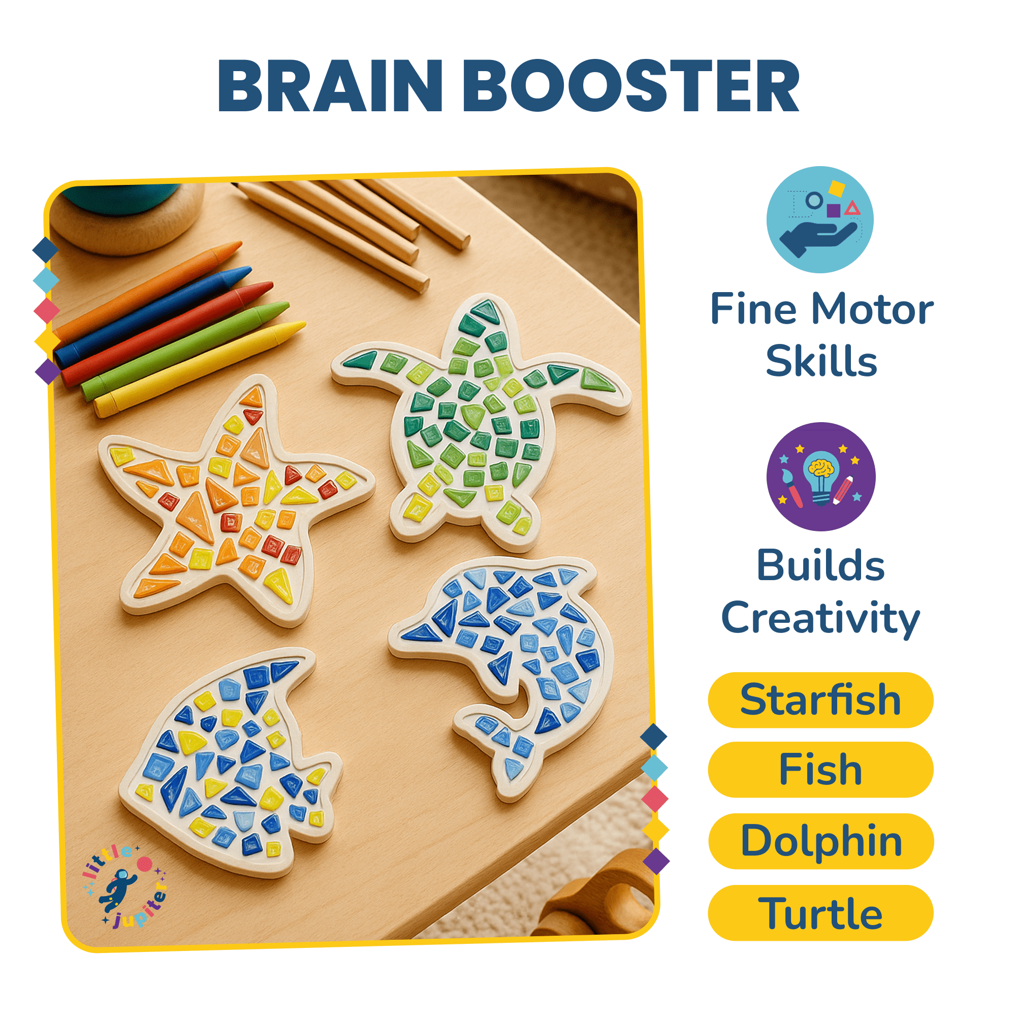 DIY Glass Mosaic Art Kit (Sea Creatures - 4pcs) - Includes Starfish, Fish, Turtle, & Dolphin