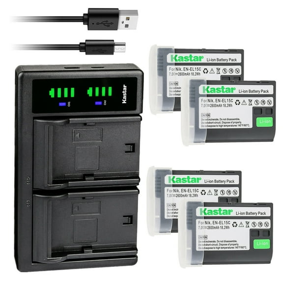Kastar 4-Pack EN-EL15c Battery and LTD2 USB Charger Replacement for Nikon D7000 D7100 D7200 D7500 1 V1 D500 D600 D610 D750 D780 D800 D800E D810 D810A D850 Z 5 Z5 Z 6 Z6 Z6 II Z 7 Z7 Z7 II Z Z7Q3 Z8