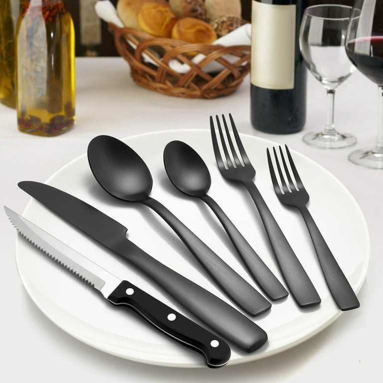 Walchoice 24 Pieces Black Silverware Set, Matte Flatware Cutlery