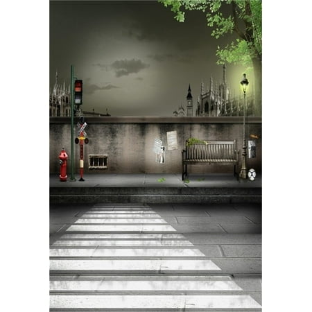 Crossing Lamp - MOHome Polyester Fabric 5x7ft Artistic Background Photography Backdrops Night London Streetscape Wall Bench Road Lamp Traffic Lights Zebra Crossing Boy Child Po