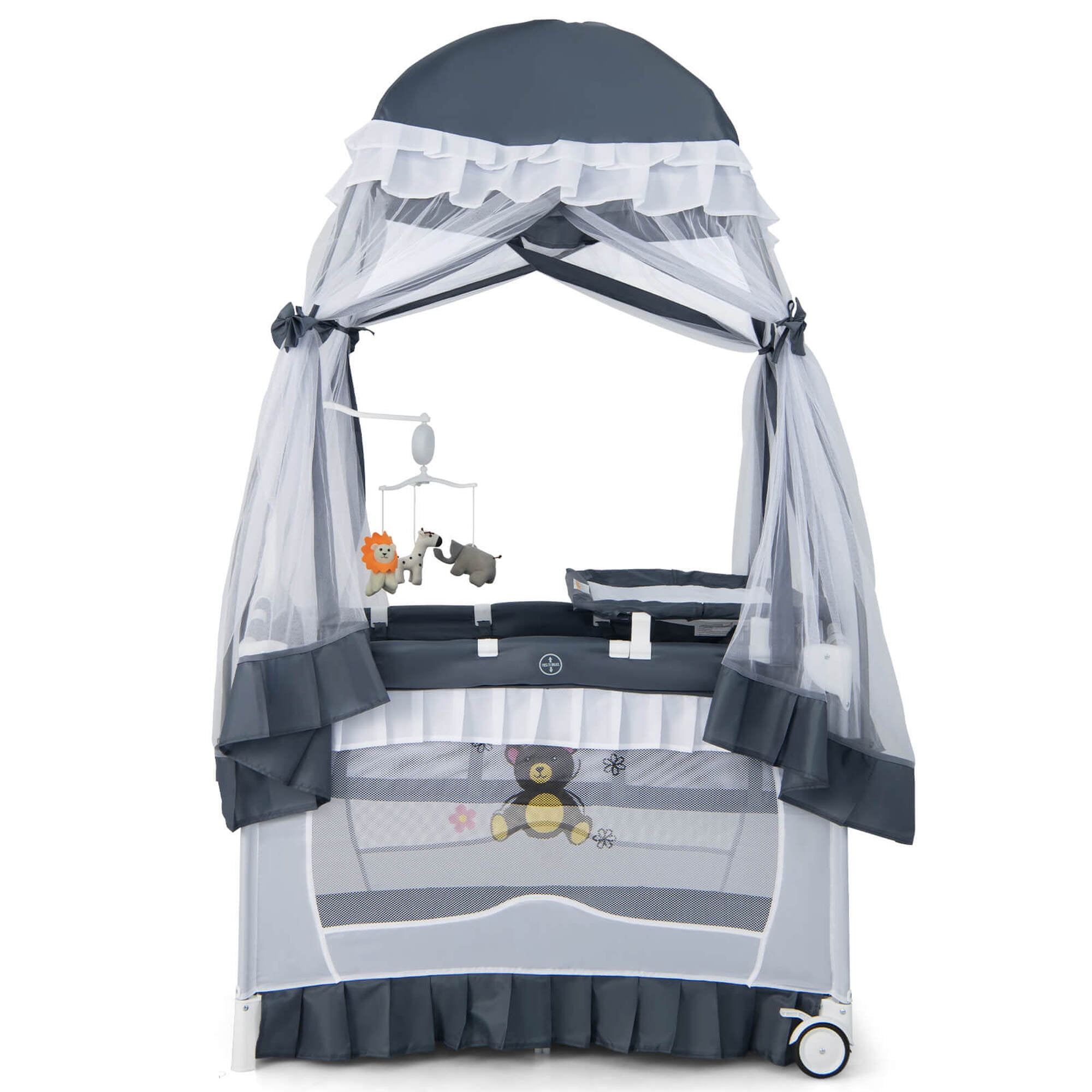 Costway Baby Playard Crib Bed 4 in 1 Portable with Changing Table Canopy Music Box Grey