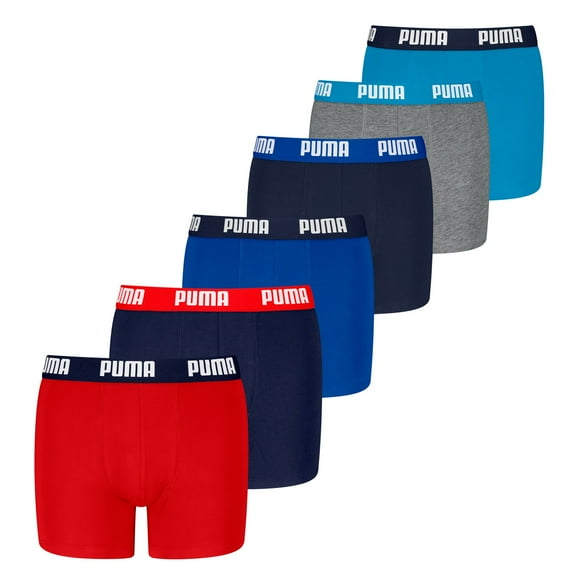PUMA Boys Boxer Shorts, 6 Pack - Everyday Basic Boxers ECOM 6P, Cotton Stretch Red/Blue/Grey 146-152