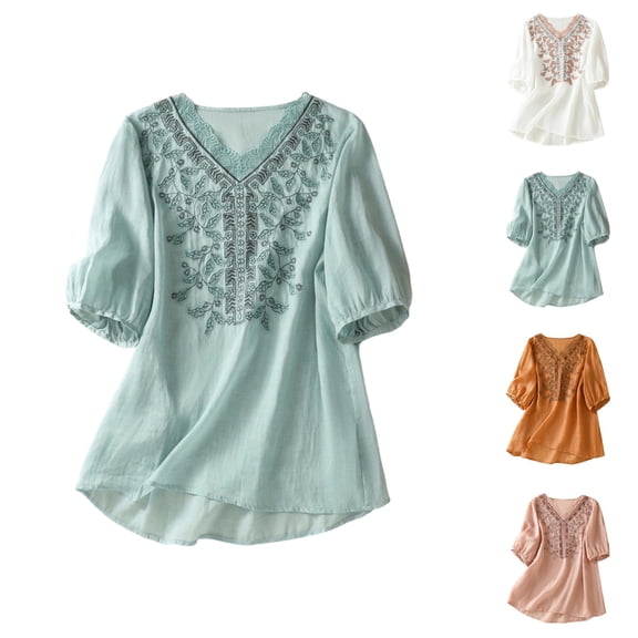 Vintage Boho T Shirts for Women 2026 Summer Casual Cotton Linen Elbow Sleeve V Neck Floral Embroidery Graphic Tees