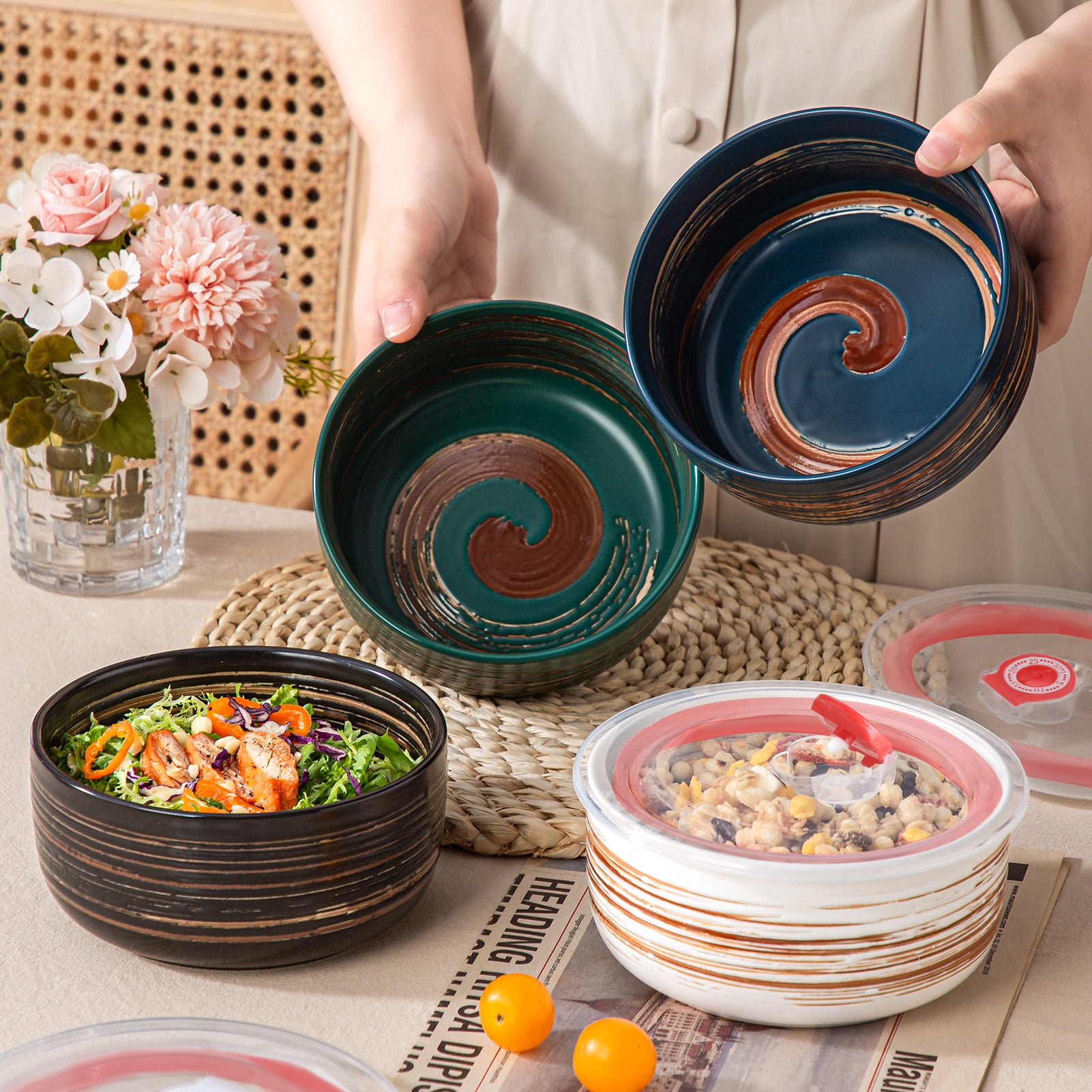 YUN TAO 23 oz Ceramic Bowls with Lids (Set of 4), 6 Inch Airtight Food Storage Containers for Kitchen, Microwave & Oven Safe - Ideal for Cereal, Soup, Salad, Pasta, Ramen