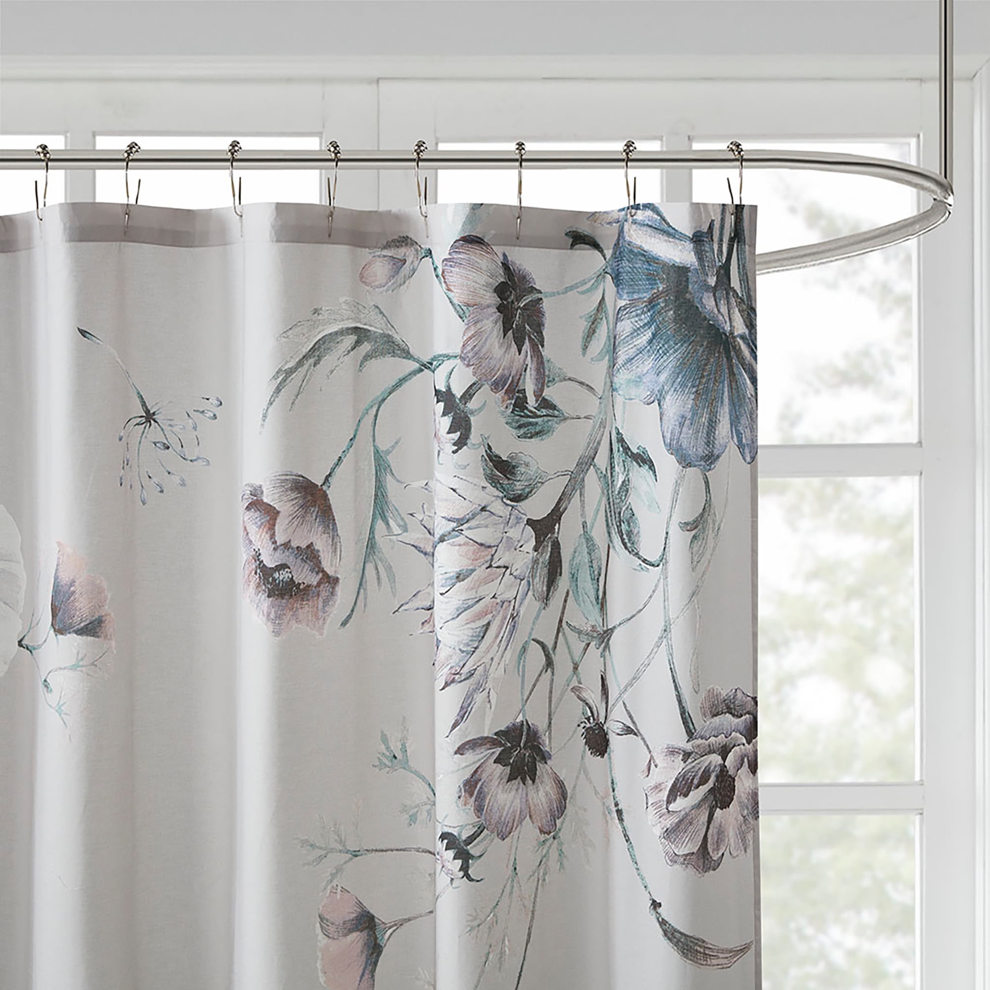 Madison Park Cassandra Printed Shower Curtains, Cotton Bathroom Curtains, Blue, 72” x 72"